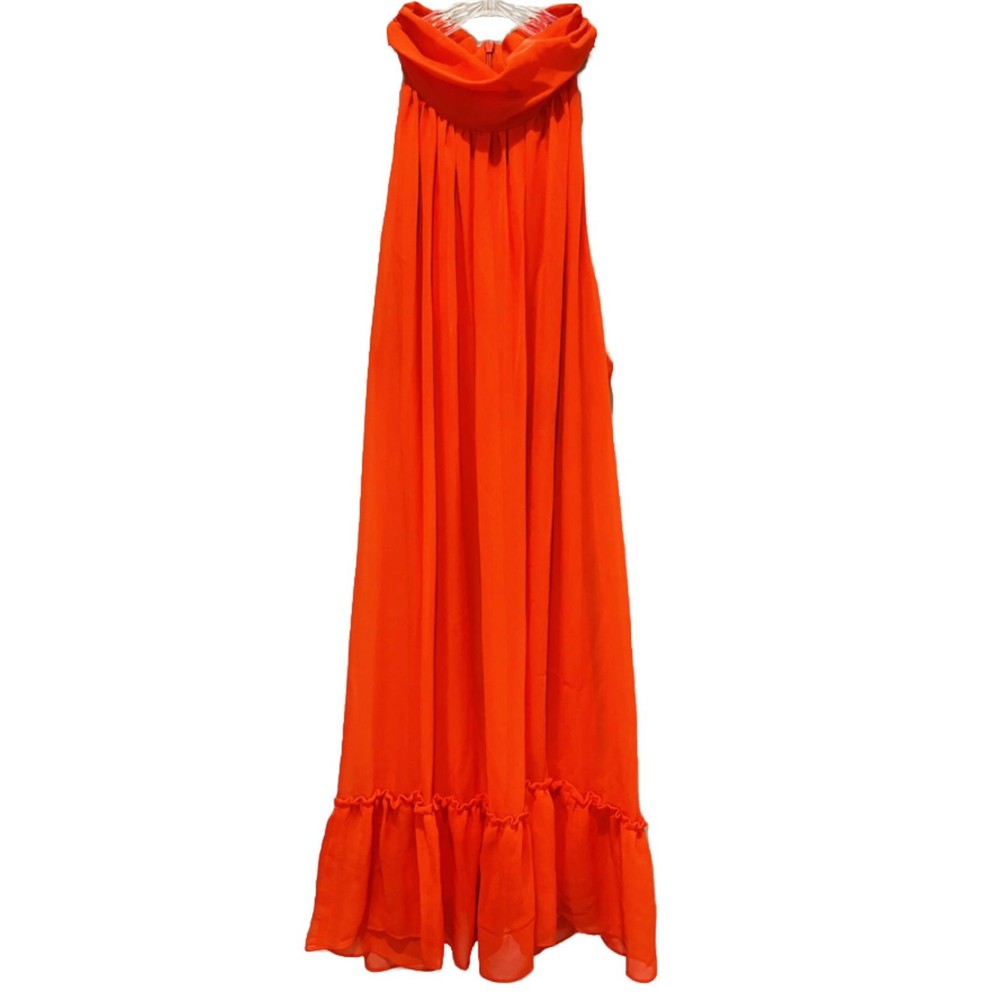 Taylor Dress Women’s 14 Red Mock Neck Sleeveless Flare Ruffle Trim Chiffon Maxi